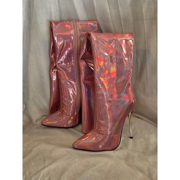 Vero Cuoio Shiny Pink Leather Type Thigh High Boots Tall Zip Up Sexy - Picture 3 of 4